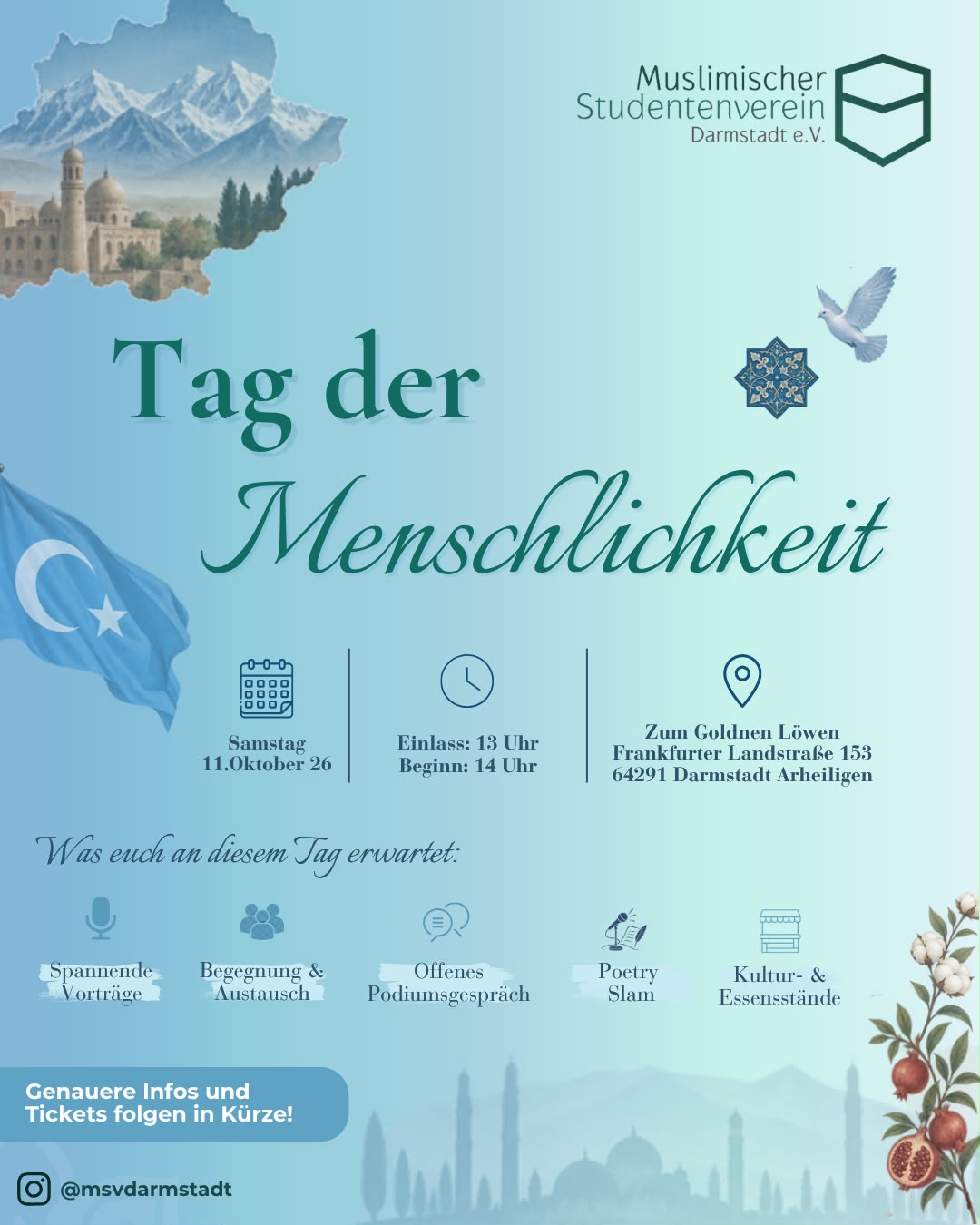 Flyer: Tag der Menschlichkeit – Vorträge, Begegnung & Austausch, offenes Podiumsgespräch, Poetry Slam, Kultur- und Essensstände